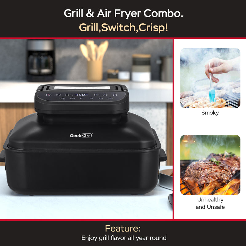 Geek Chef 7 In1 Smokeless Electric Indoor Grill With Air Fry, Roast, Bake, Portable 2 In 1 Indoor Tabletop Grill & Griddle With Preset Function, Removable Non-Stick Plate, Air Fryer Basket, Ban Amazon - The Best Commerce