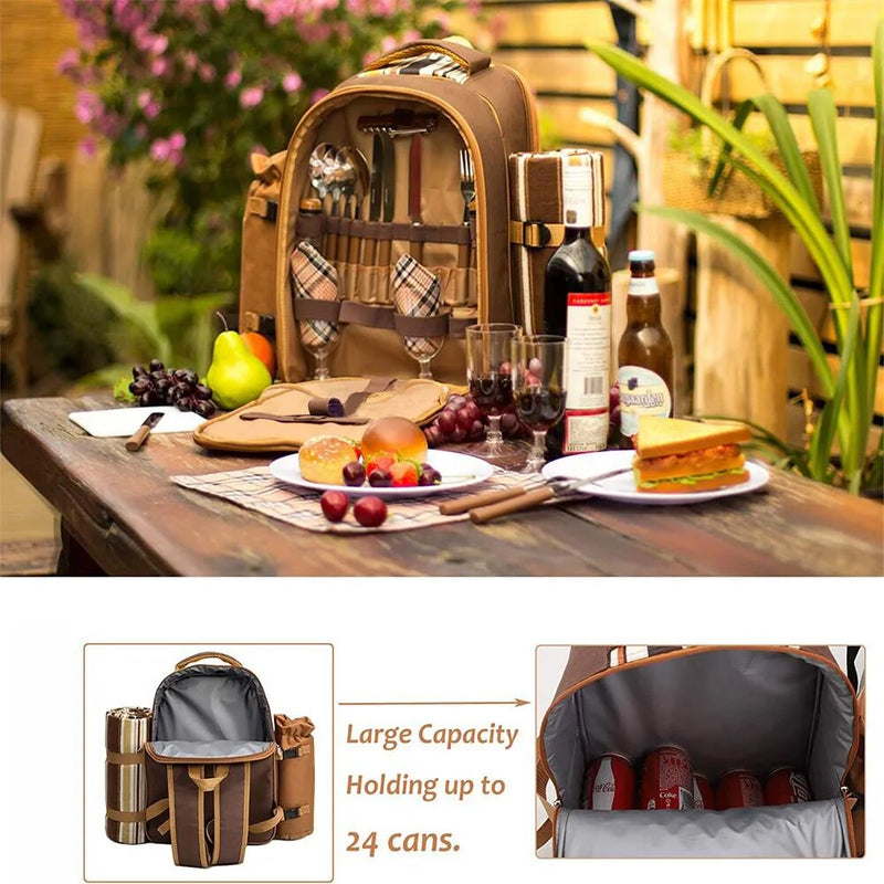 Picnic Bag Tableware Set Outdoor Portable Thermal Insulation Cold Storage 4Four-person Camping Double-shoulder Picnic Backpack - The Best Commerce