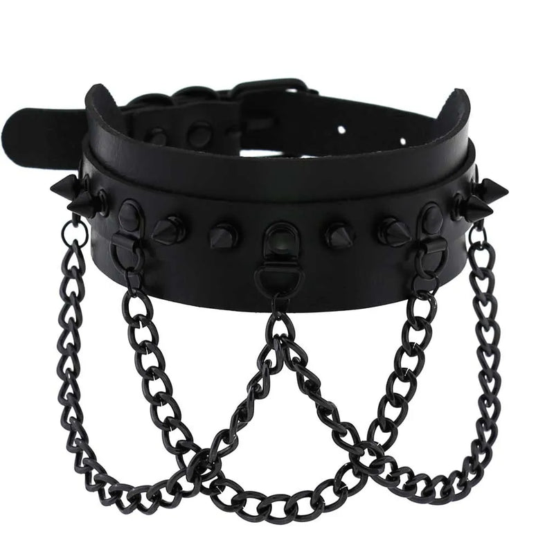 Halloween Emo Cosplay All Black Goth Choker Necklaces For Women Men Punk Spike Rivet Round Heart Bell Belt Necklaces Y2K Jewelry - The Best Commerce
