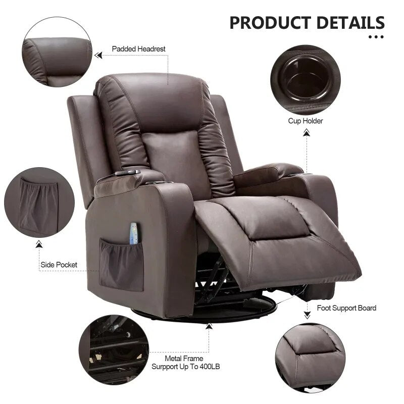 ComHoma Recliner Chair PU Leather Rocking Sofa with Heated Massage, Brown - The Best Commerce