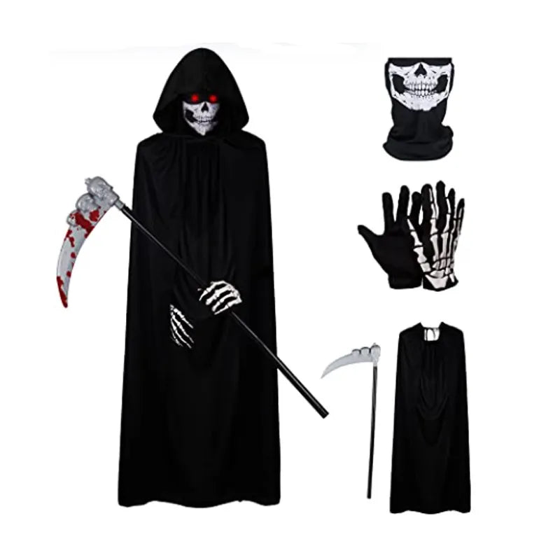 Halloween Party Cosplay Children Adult Death Black Cloak Cloak Halloween Skull Skeleton Ball Costume Prop Set - The Best Commerce