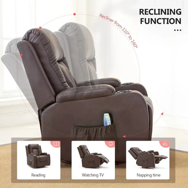 ComHoma Recliner Chair PU Leather Rocking Sofa with Heated Massage, Brown - The Best Commerce