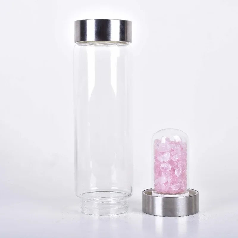 Natural Quartz Gemstone Crystal Glass Elixir Water Bottle Point Hand-Carved Healing Energy Stainless Steel Water Drink Bottle