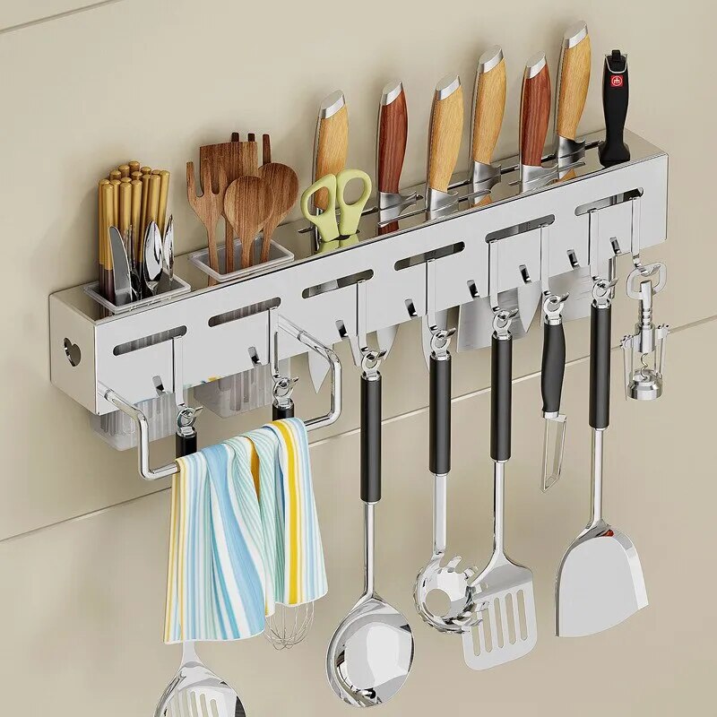 Stainless Steel Kitchen Storage Rack Wall-mounted Multifunctional Storage Knife Rack with Multiple Brackets and Hooks - The Best Commerce