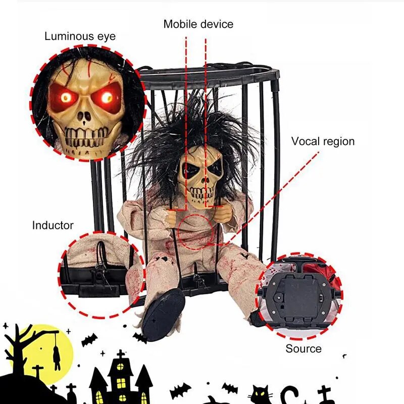 Halloween Decoration Prisoner Ghost In Cage Scary Skull Prop Electric Skeleton Toy Glowing Eye Sound Doll Hangable Talking Ghost - The Best Commerce