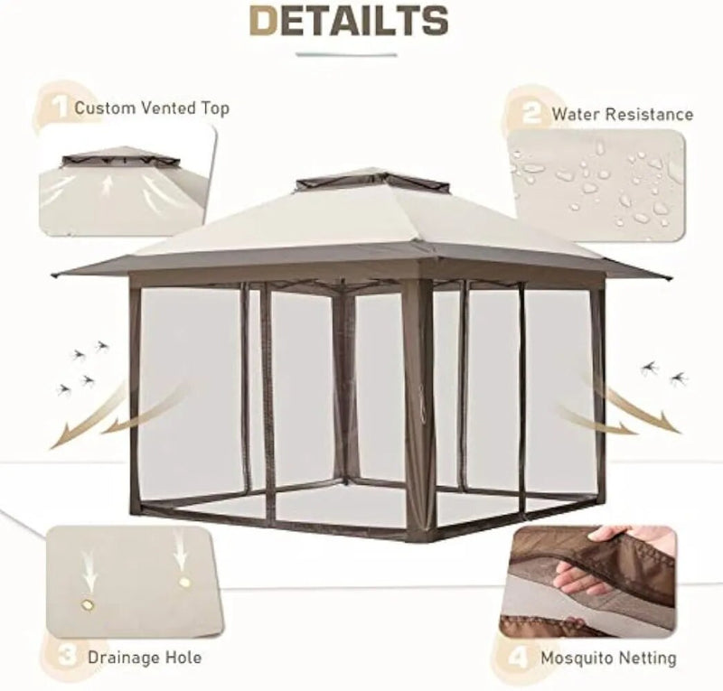 EAGLE PEAK 13x13 Pop-Up Gazebo Tent Instant w/Mosquito Netting，Outdoor Gazebo Canopy Easy Set-up Folding Shelter (Beige/Brown) - The Best Commerce