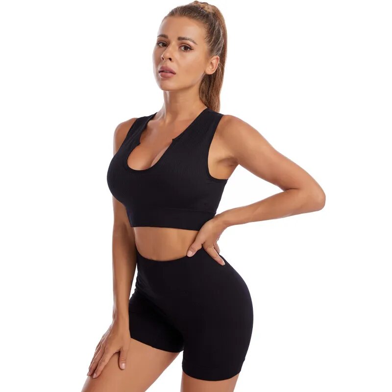 New women's shockproof and anti-sagging running training yoga vest, tight quick-drying shorts, and a gathered fitness bra set - The Best Commerce