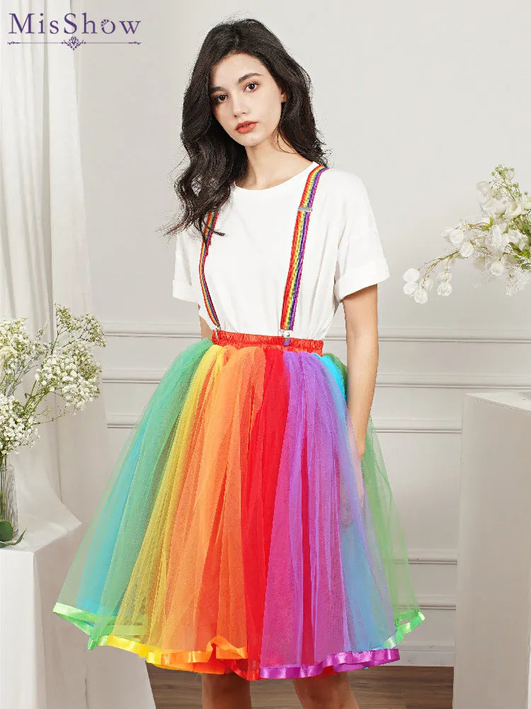 MisShow Women Rainbow Tutu Short Skirt 5 Layers Soft Tulle Pettiskirt Girls Christmas Halloween Cosplay Costumes Mesh Skirts - The Best Commerce
