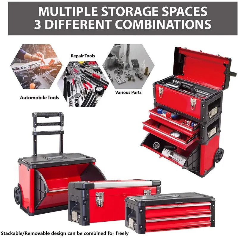 Big Red Portable Garage Red Tool Box with 3 Drawers box - The Best Commerce