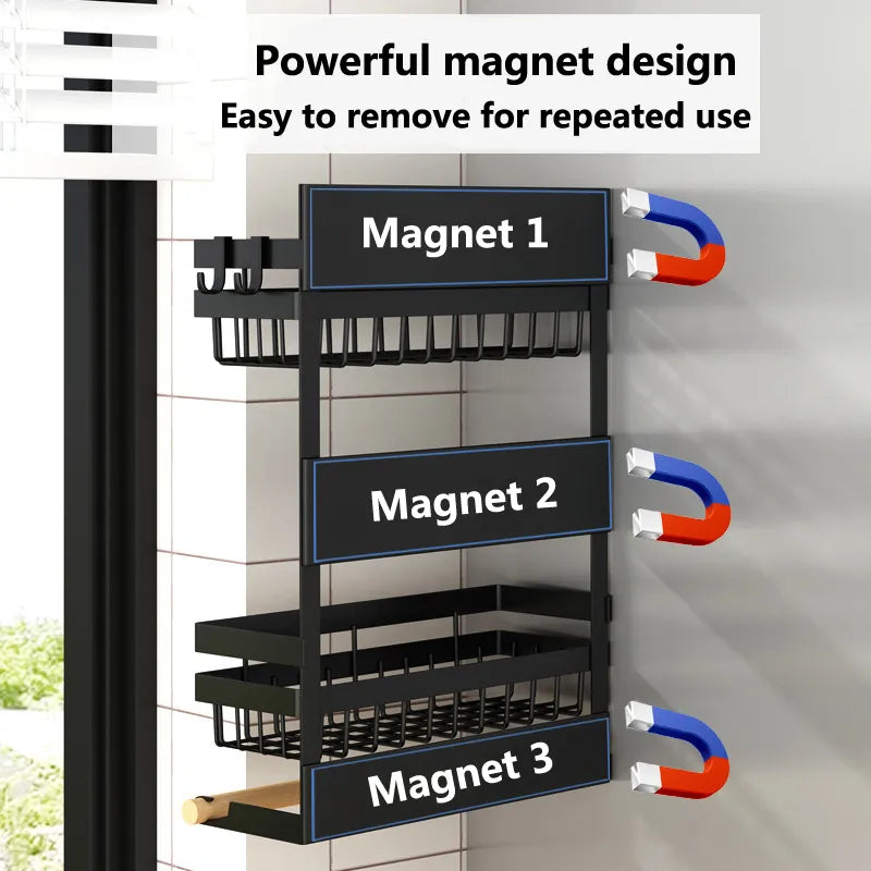 No Hole Refrigerator Magnetic Spice Rack with Hooks Kitchen Storage Rack Paper Towel Holder Microwave Side Hanging Organiser - The Best Commerce