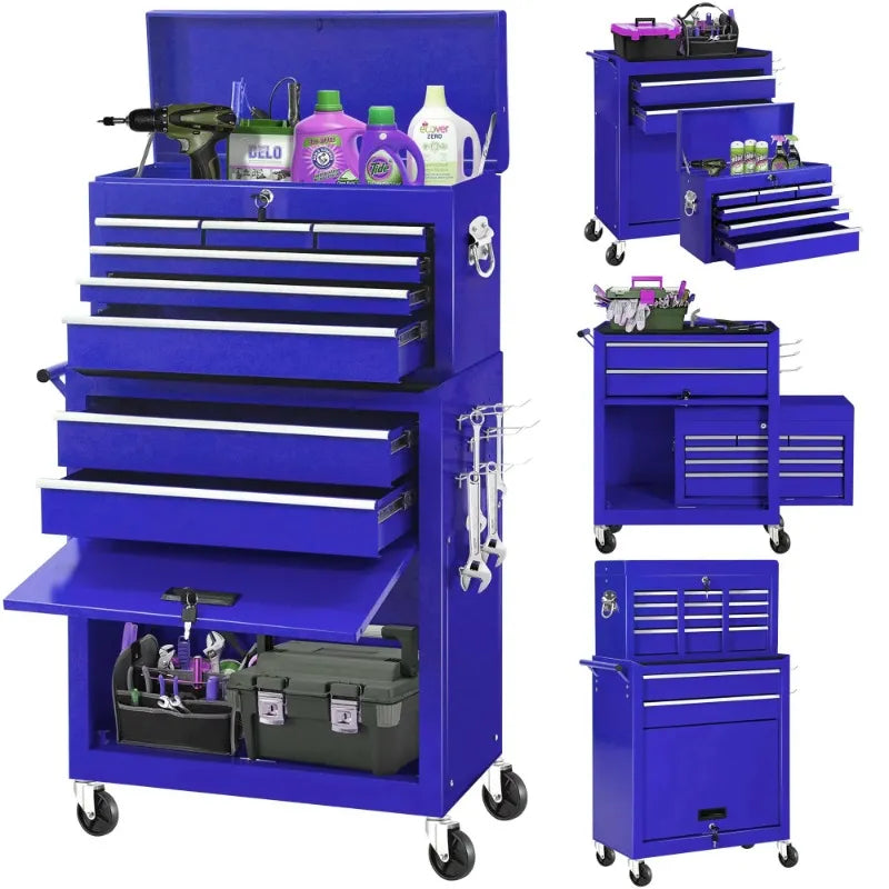 Tool Box, 8-Drawer Steel Tool Chest & Cabinet with Wheels for Workshop Garage, Blue - The Best Commerce