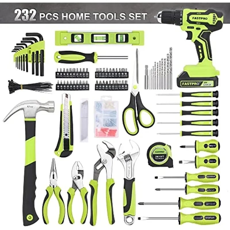 Toolbox for mechanics 232-Piece 20V Cordless Lithium-ion Drill Driver and Home Tool Set, Household Repairing Tool Kit with Drill - The Best Commerce