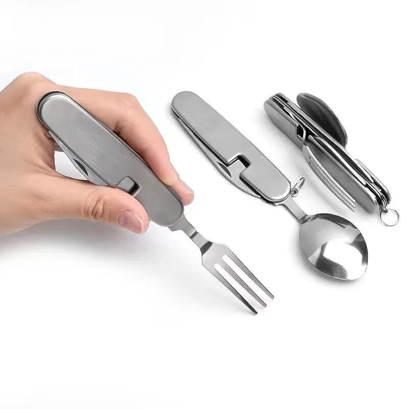 New Multifunctional Outdoor Tableware Stainless Steel Foldable Fork Spoon Knife Picnic Camping Hiking Travelling Dinnerware - The Best Commerce