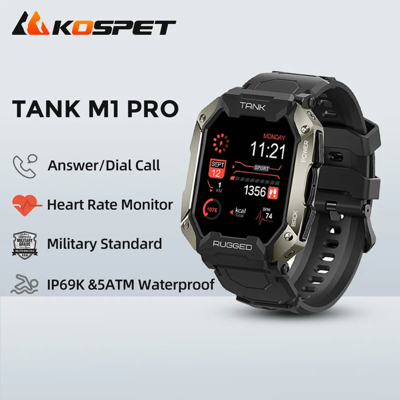 KOSPET TANK M1 PRO Military Smartwatch Sport Rugged Answer Make Calls 5ATM IP69K Black Blue Fitness Smart Watch For Men Women - The Best Commerce