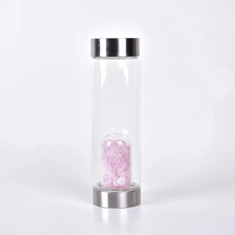 Natural Quartz Gemstone Crystal Glass Elixir Water Bottle Point Hand-Carved Healing Energy Stainless Steel Water Drink Bottle