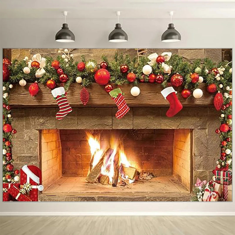 1PC - Christmas Decoration Christmas Fireplace Background Christmas Photo Background Christmas Banner Poster Background Cloth - The Best Commerce