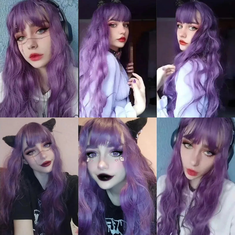 MSIWIGS Long Wavy Purple Cosplay Synthetic Wigs Lolita Halloween With Bangs for Women Party Dailly Heat Resistant Wig - The Best Commerce