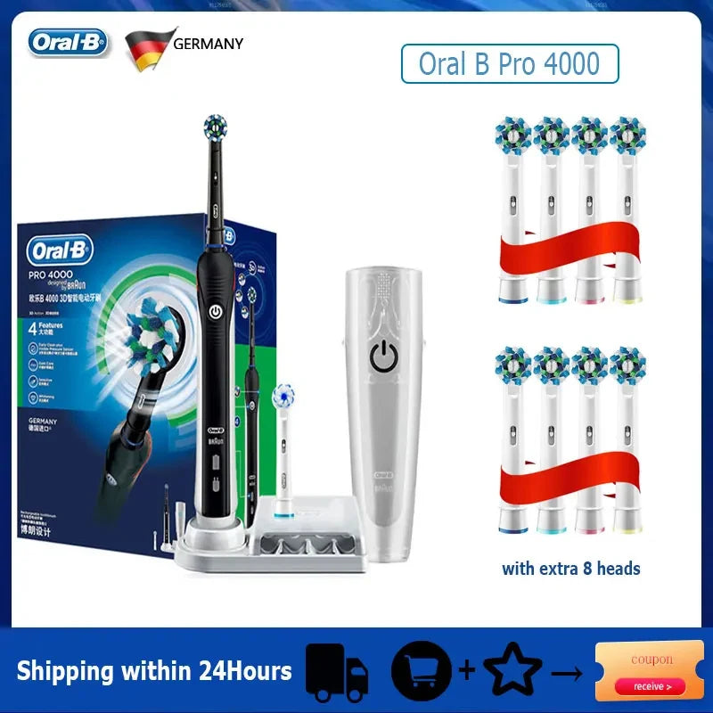 Oral B Electric Toothbrush Pro 4000 3D Action Daily Clean Teeth Visible Pressure Sensor 4 Modes Gum Cares Waterproof Rechargeabl