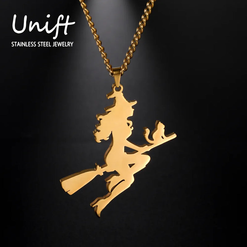 Unift Magic Broom Cat Witch Necklaces for Women Stainless Steel Pendant Trendy Esotericism Halloween Jewelry Accessories Gift - The Best Commerce