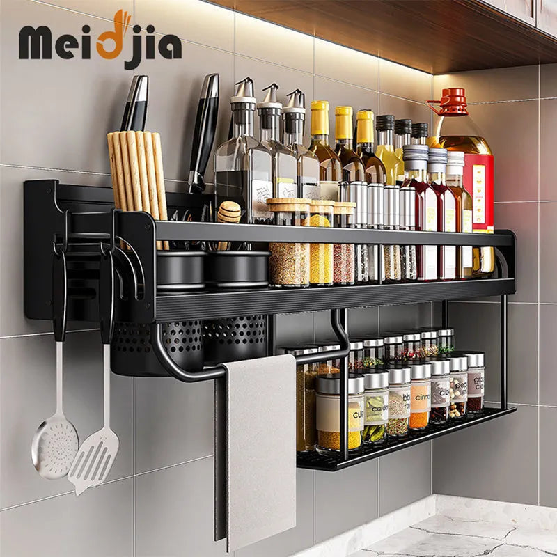 MEIDJIA 40/50CM 2 Tier Kitchen Rack Wall-mounted Spice Storage Racks Punch-free Kitchen Knife Holder Seasoning Shelves Organizer - The Best Commerce
