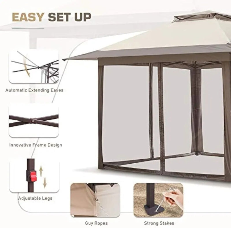 EAGLE PEAK 13x13 Pop-Up Gazebo Tent Instant w/Mosquito Netting，Outdoor Gazebo Canopy Easy Set-up Folding Shelter (Beige/Brown) - The Best Commerce