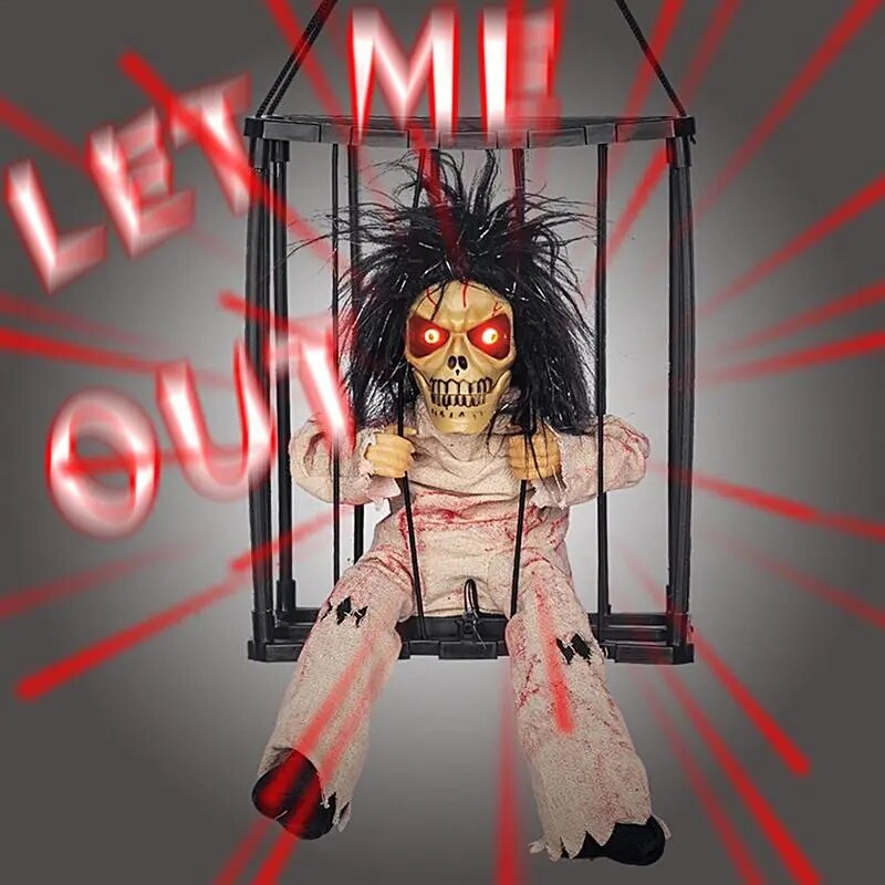 Halloween Decoration Prisoner Ghost In Cage Scary Skull Prop Electric Skeleton Toy Glowing Eye Sound Doll Hangable Talking Ghost - The Best Commerce