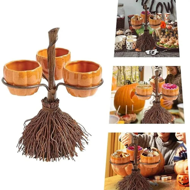 Halloween Broomstick Snack Bowl Stand Ornament, Ative Creative Party Props Art for Serving Snacks Salad Fruit Supplies Kitchen - The Best Commerce