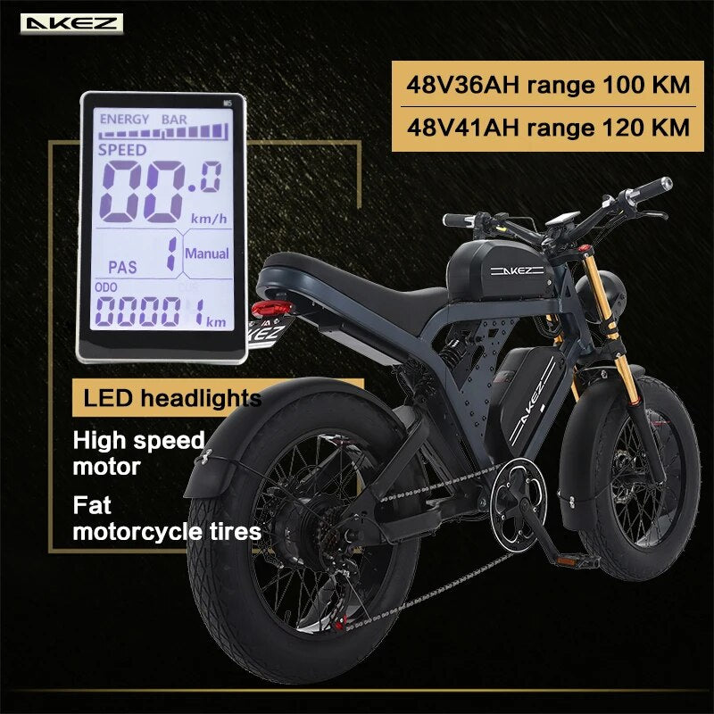 AKEZ Electric Bike, 48V 1500W 41AH, Hydraulic Oil Brake, Vintage Fat Off-road Tire, Full Suspension Bicycles, US Warehouse - The Best Commerce