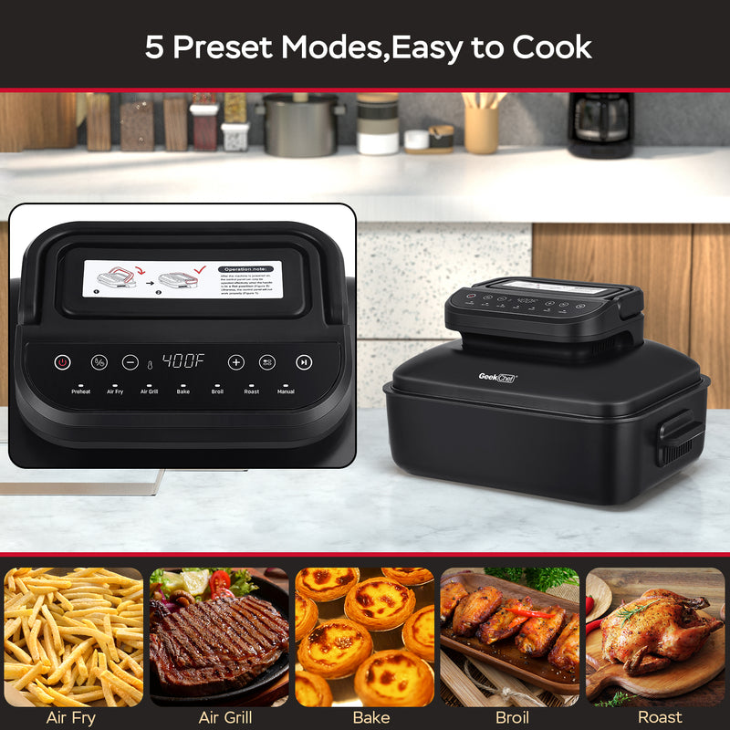 Geek Chef 7 In1 Smokeless Electric Indoor Grill With Air Fry, Roast, Bake, Portable 2 In 1 Indoor Tabletop Grill & Griddle With Preset Function, Removable Non-Stick Plate, Air Fryer Basket, Ban Amazon - The Best Commerce
